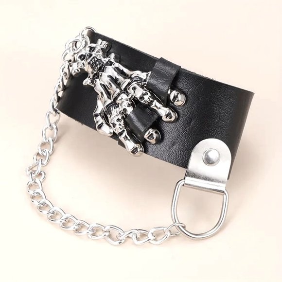 Cuff bracelet Skull & Bone Leather Hand Chain Wrist Bangle Goth Edgy Rock Biker - Picture 5 of 6
